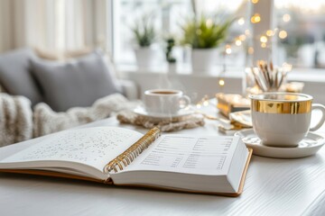 A cozy morning scene with an open planner, a steaming cup of coffee, and twinkling fairy lights, set against a soft-focus background of plants and a comfy sofa.