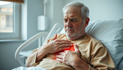 Senior man in hospital bed experiences chest pain. Sits in bed, presses emergency call button. Serious health issue. Elderly person distressed. Hospital scene. Medical care concept. Medical