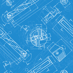 Mechanical engineering drawings on blue background. Drill tools, borer. Technical Design. Cover. Blueprint. Vector illustration. Seamless pattern.