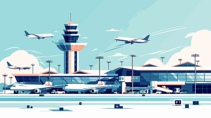 Naklejka premium Modern Airport Buildings and Landing Airplanes at International Terminal