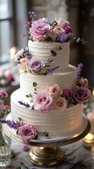 Fototapeta premium A beautifully decorated three-tier wedding cake adorned with fresh flowers.
