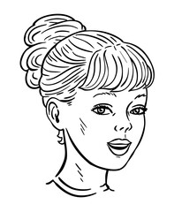 Cute little girl. Head portrait. Happy smile on your face. Children and childhood. Vector illustration. Black and white sketch outline