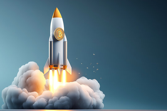 Foguete com o s&iacute;mbolo de Bitcoin decolando espalhando fuma&ccedil;a, fundo azul