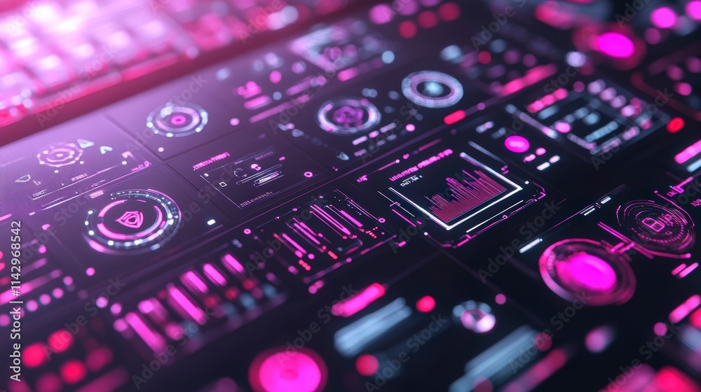 Poster pink neon futuristic interface digital dashboard glowing vibrant technology screen displays various 