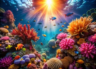 Tangigi Fish Underwater Landscape Photography: Vibrant Reef Scene, Tropical Fish, Coral, Ocean