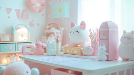 Cute pastel room decor with bunny and cat figurines on a desk.