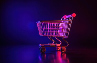 Neon glowing metal shopping cart on dark background. Modern design. Online shopping concept. Cyber monday black friday sales. Future technology. Retail business theme. Commercial product. Digital