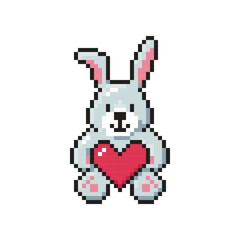 Fototapeta premium Cute bunny holding heart in his paws. Pixel art. Vector illustration isolated on white.