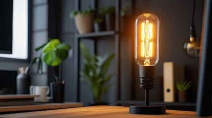 Industrial-style table lamp with an exposed Edison bulb, set on a minimalist desk.
