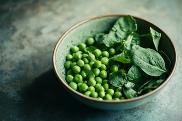 A bowl filled with fresh, vibrant green peas and leafy spinach resting on a textured table, evoking a sense of healthy and nourishing simplicity.