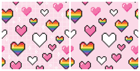 LGBT seamless pattern collection. Pink and rainbow flag pixel hearts. Vector clip art for pride month.