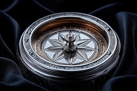 Intricate compass on elegant draped fabric with metallic details
