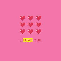 I love you text with hearts pixel card. Vectro illustration for Valentine's day.