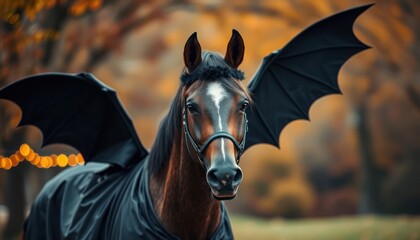 Obraz premium Horse in Halloween costume. Dark bat wings adorn horse. Autumnal setting. Horse looks spooky, playful. Halloween theme with pumpkin decorations possible. Costume party holiday event. Possible autumn