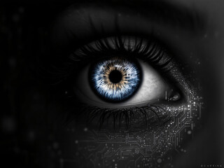 Obraz premium Eye reflection in glasses showing digital data, futuristic technology, colorful circuits.