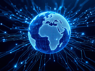 Glowing digital globe on interconnected network, futuristic technology, blue neon lights.