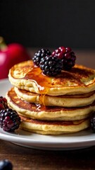 Stack of pancakes with fresh blueberry, raspberry and blackberry on brown plate