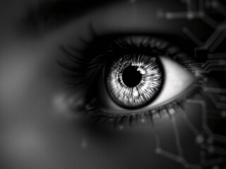 Naklejka premium Eye close-up with digital circuits, futuristic technology, glowing blue iris, intricate details.