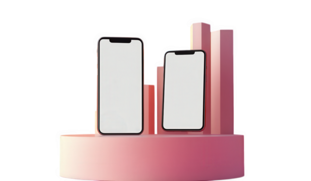 two smartphones with blank screens standing on a pink platform against a vibrant orange backdrop