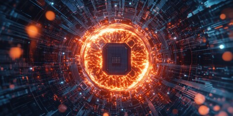 Obraz premium A mesmerizing core of advanced technology radiates vibrant orange energy amidst a complex web of detailed circuits and glowing patterns, evoking innovation. Generative AI