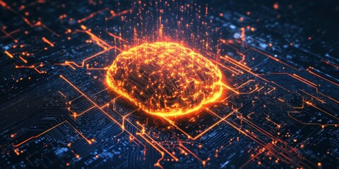 Bright digital brain illuminates a circuit board, representing advancements in artificial intelligence and technology in a futuristic environment. Generative AI