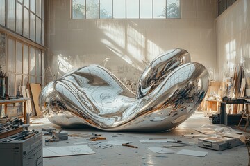 Futuristic metallic sculpture in a sunlit art studio
