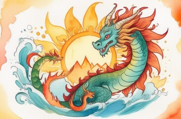 A vibrant illustration of a majestic dragon emerging from dynamic ocean waves, set against a radiant sun with glowing rays, evoking a sense of mythical power and natural harmony