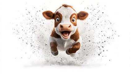 A 2D cartoon cow jumping over the moon, playful and colorful, white background. Ultra-Realistic, Photo Realistic, highly detailed 