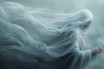 A ethereal figure in flowing white robes drifts in a misty atmosphere, embodying mysticism and serenity.