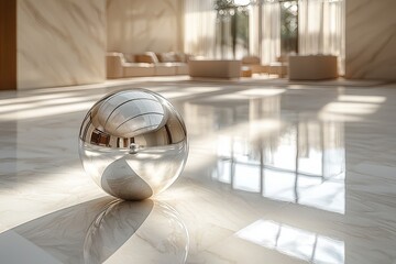 Modern minimalist interior with reflective sphere in sunlit room