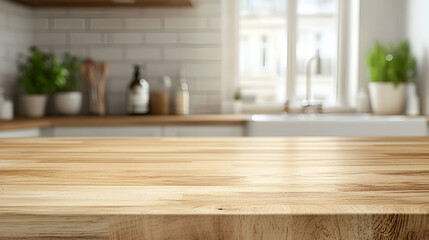 Wooden bathroom countertop with blurred sink and clean, airy decor in the background 