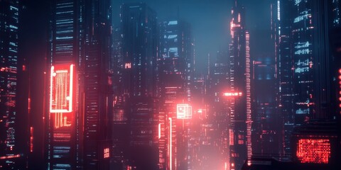 A vibrant city filled with towering structures illuminated by bright neon lights creates a captivating cyberpunk environment at night. Generative AI