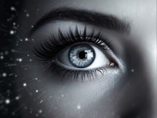 Eye close-up with digital circuits, futuristic technology, glowing blue iris, intricate details.