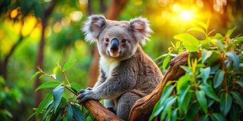 Fototapeta premium Tilt-Shift Koala in Eucalyptus Tree, Australia - Adorable Wildlife Photography
