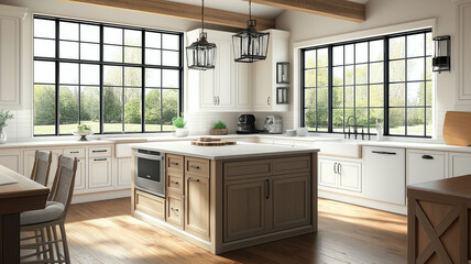 Traditional kitchen in beautiful new luxury home with hardwood floors, wood beams, and large island quartz counters. Includes farmhouse sink, elegant pendant lights, and large windows.