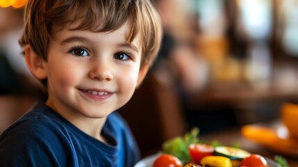 Fototapeta premium Portrait of a Happy Toddler Boy Smiling in a Restaurant