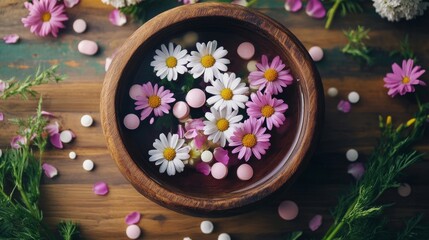 Fototapeta premium Colorful flowers floating in a wooden bowl on a rustic table with herbal elements