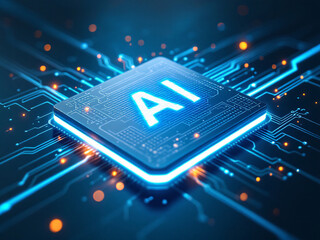 Futuristic AI chip on glowing circuit board, neon lights, advanced technology symbol.