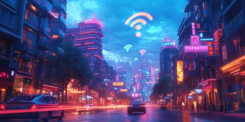 Obraz premium A bustling city at twilight filled with neon lights and futuristic architecture. WiFi symbols float above the vibrant streets, enhancing the urban atmosphere. Generative AI
