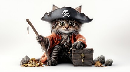 A 3D cat dressed as a pirate with a small treasure chest, realistic details, isolated white background. Ultra-Realistic, Photo Realistic, highly detailed 