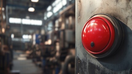 Red emergency button in industrial factory setting.