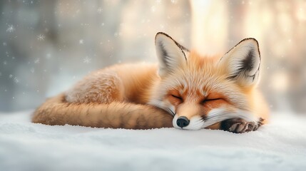 Obraz premium A 3D fox curled up sleeping in a snowy forest, soft textures and warm colors. Ultra-Realistic, Photo Realistic, highly detailed 
