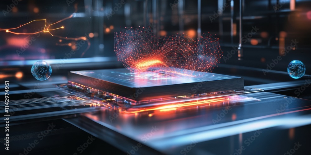 Fototapete A microprocessor is depicted at the center, glowing with vibrant energy as intricate particle movements surround it, highlighting advanced technology. Generative AI