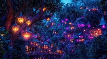 Magical treetop village at night, illuminated with glowing lanterns.