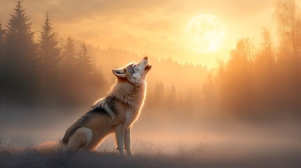 Obraz premium A 3D render of a wolf howling at the moon in a detailed forest scene. Ultra-Realistic, Photo Realistic, highly detailed 