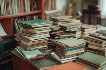 Obraz premium Piles of old, hardback books cover the wooden desk, exuding an air of academia and wisdom, capturing the essence of a scholar’s retreat.