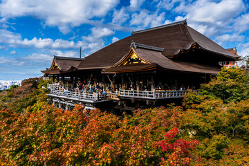 Kiyomizu-dera temple on a November autumn day, with light red foliage