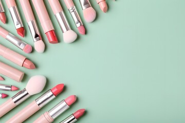 Naklejka premium Assorted pink-handled makeup brushes and lipsticks in pink and red shades arranged on the left side of a mint green background with copy space. Minimalistic beauty and makeup tools concept for design 