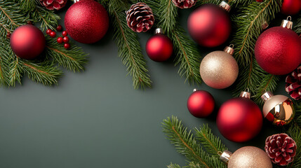Festive Holiday Ornaments and Greenery - Christmas, winter, celebration, red ornaments, evergreen branches.  Symbolizing joy, tradition, warmth, festivity, and hope.