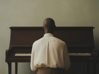 A black man playing the piano in a warm, harmonious scene. He wears an elegant beige suit, surrounded by earthy brown tones. A celebration of art, music, and creativity with timeless elegance.